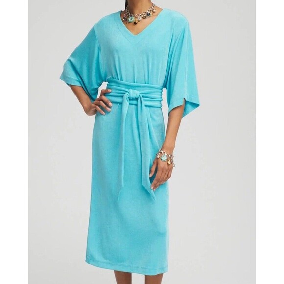 Chico's Dresses & Skirts - Chicos Travelers Kimono Sleeved VNeck Dress Acetate Spandex Turquoise Blue Large